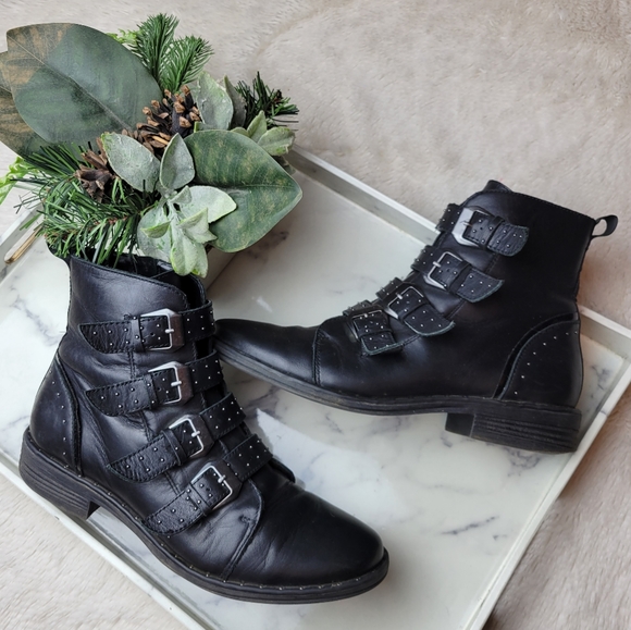 STEVE MADDEN Pursue Black Studded Buckle Strappy Leather Moto Combat Boots Sz 9 - Picture 3 of 14